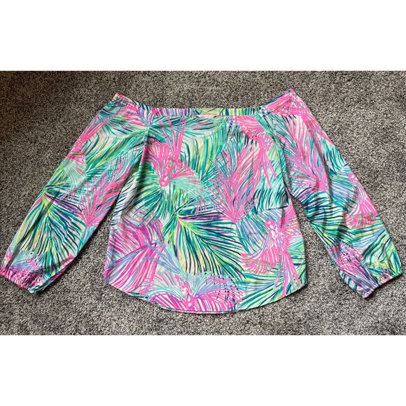 Lilly Pulitzer Blouse Adira Multi Scarlet Off Shoulder Silk Top Size Small - Picture 1 of 7